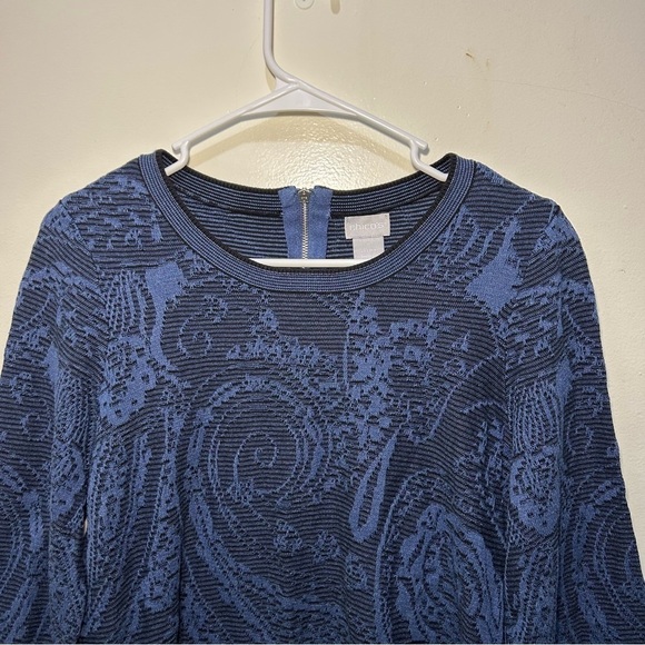 Chico’s Blue & Black Paisley Jacquard Pullover 3/4 Sleeve Sweater Size Medium - Picture 4 of 11